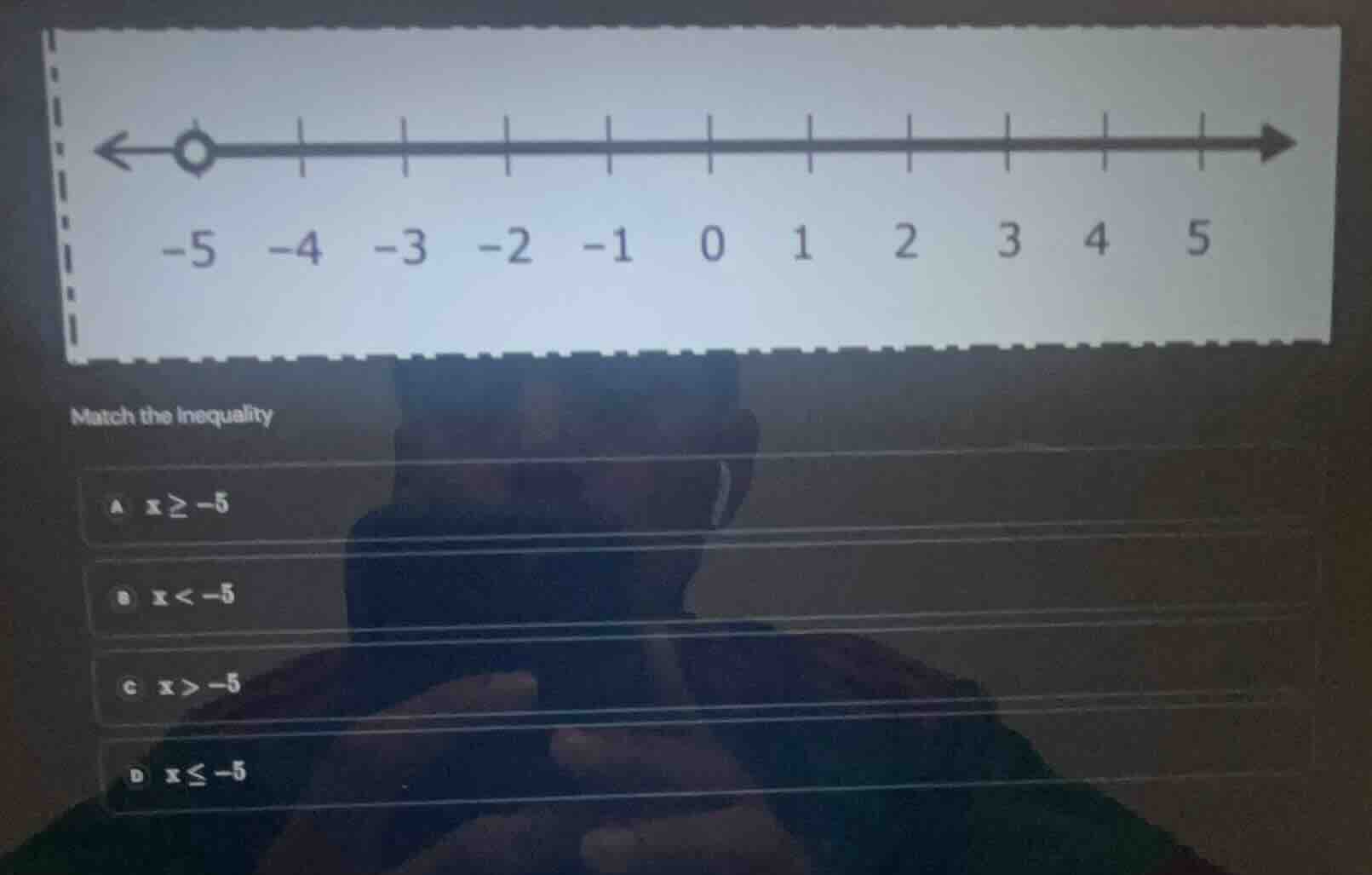 match the inequality a \\(x \\ge -5\\) b \\(x < -5\\) c \\(x > -5\\) d …