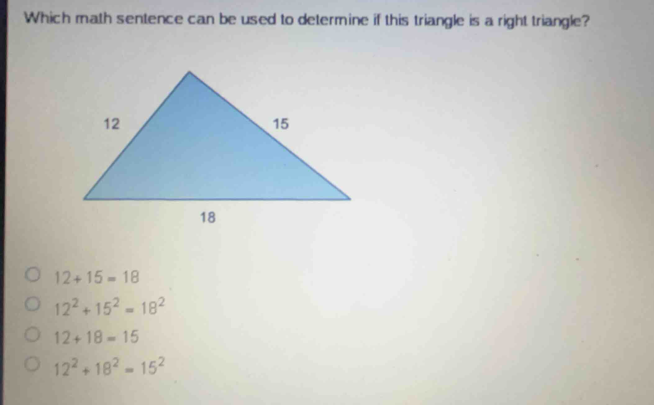 which math sentence can be used to determine if this triangle is a righ…