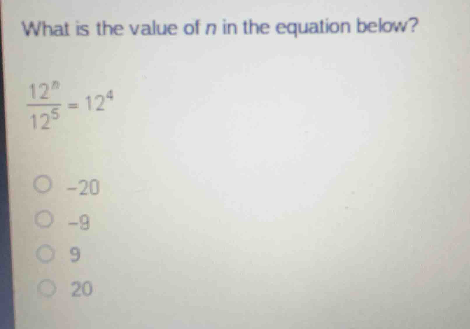 what is the value of (n) in the equation below? \\\\frac{12^n}{12^5} = …