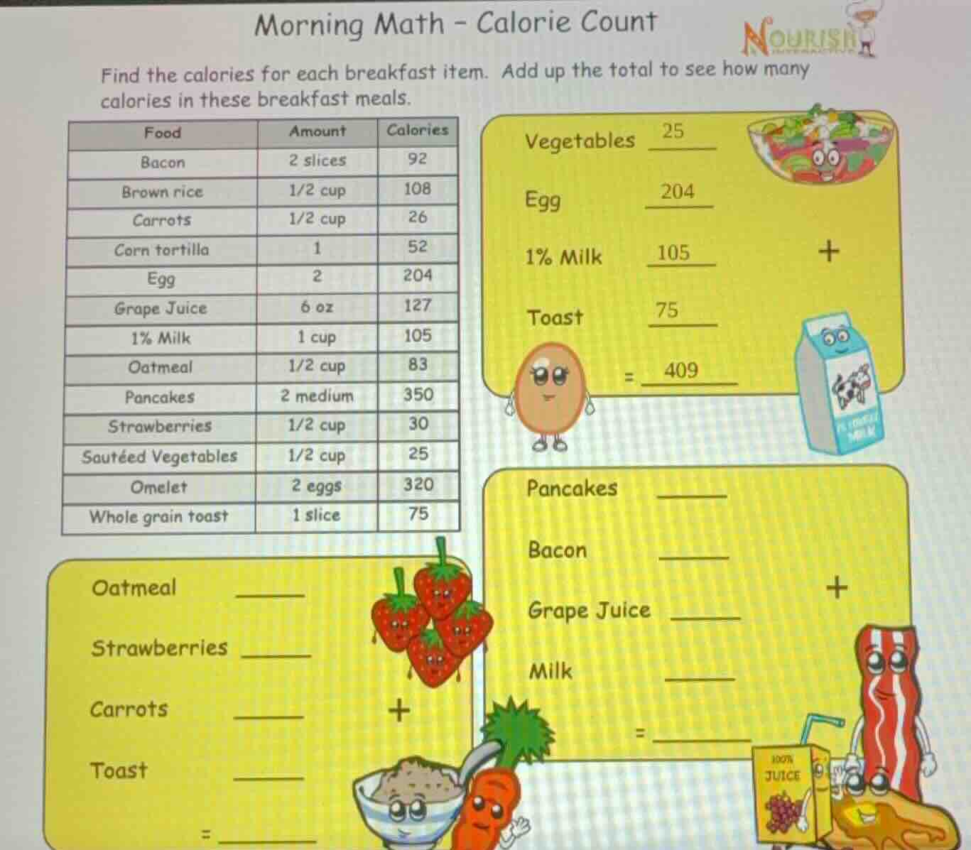 morning math - calorie count find the calories for each breakfast item.…
