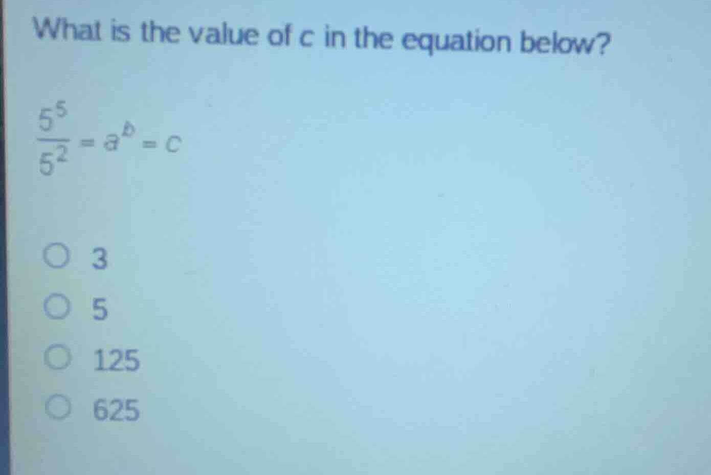 what is the value of \\(c\\) in the equation below? \\\\frac{5^5}{5^2} …