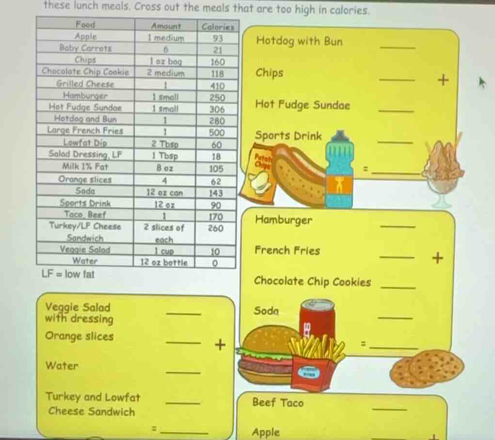 these lunch meals. cross out the meals that are too high in calories. \…
