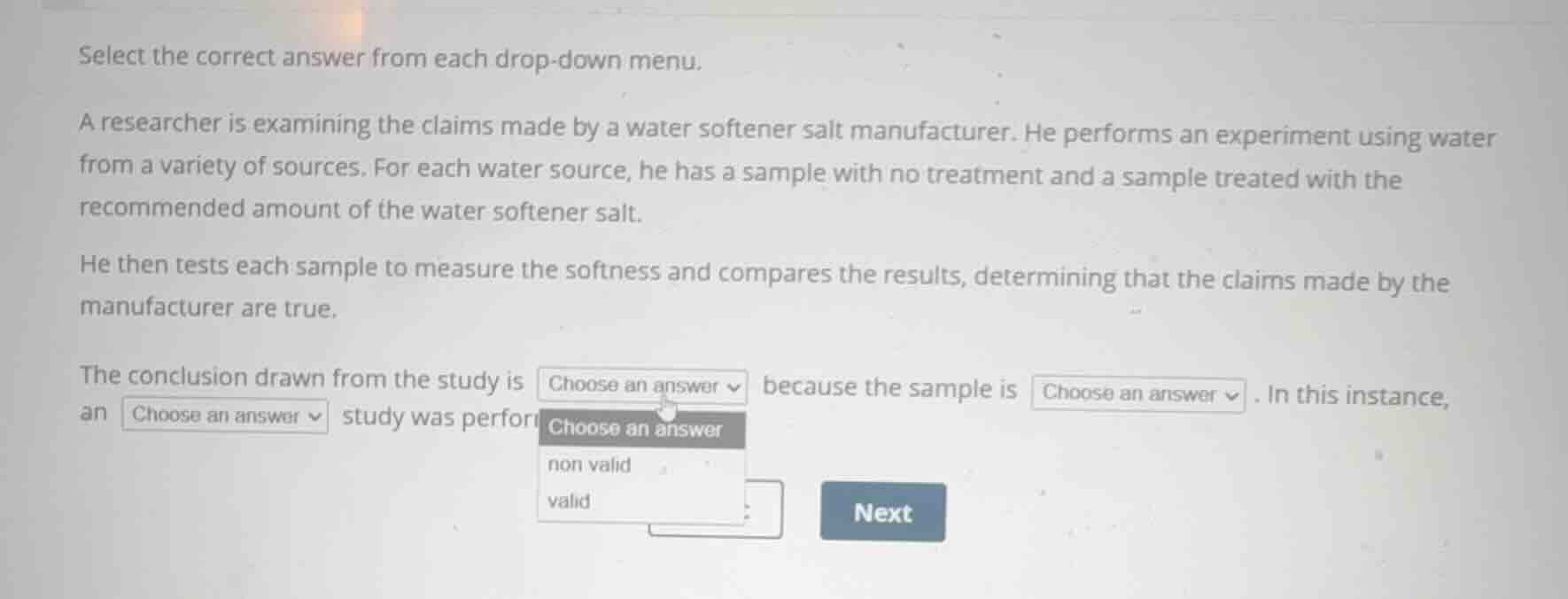 select the correct answer from each drop-down menu. a researcher is exa…