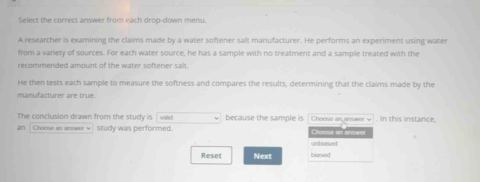 select the correct answer from each drop-down menu. a researcher is exa…
