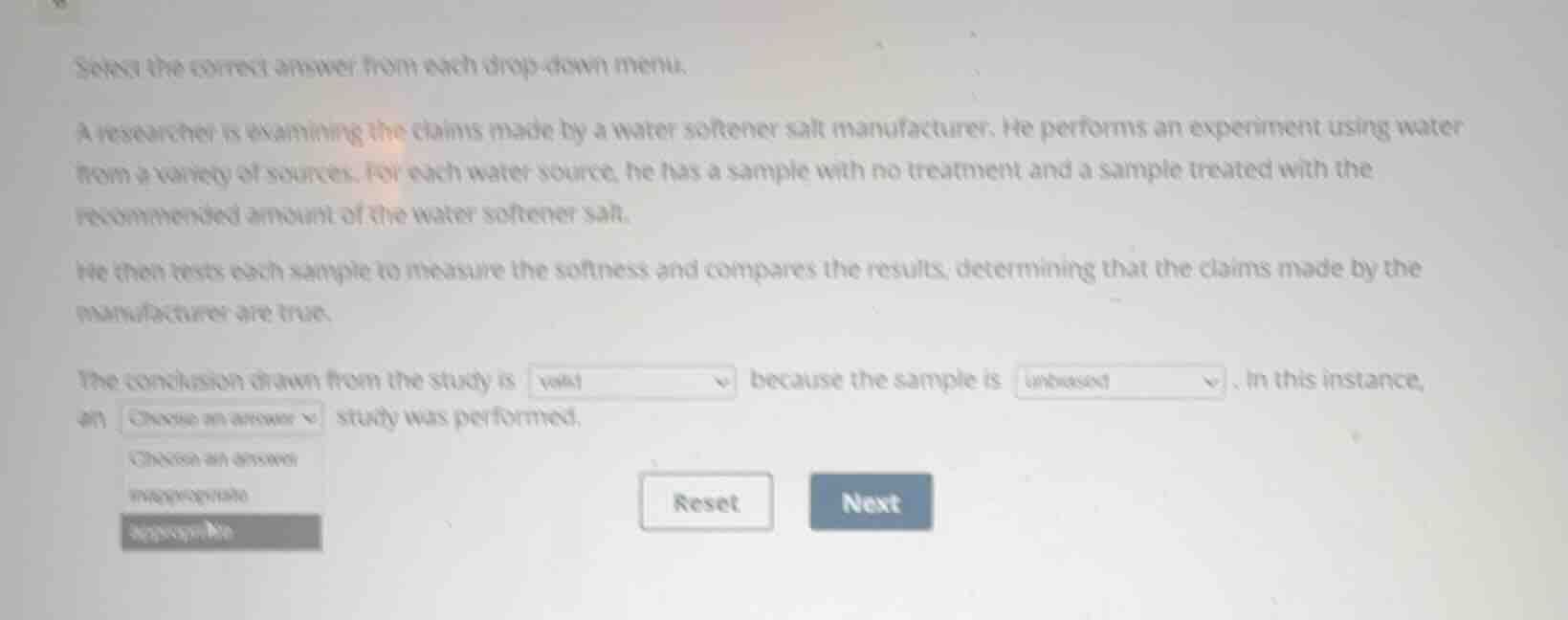 select the correct answer from each drop-down menu. a researcher is exa…