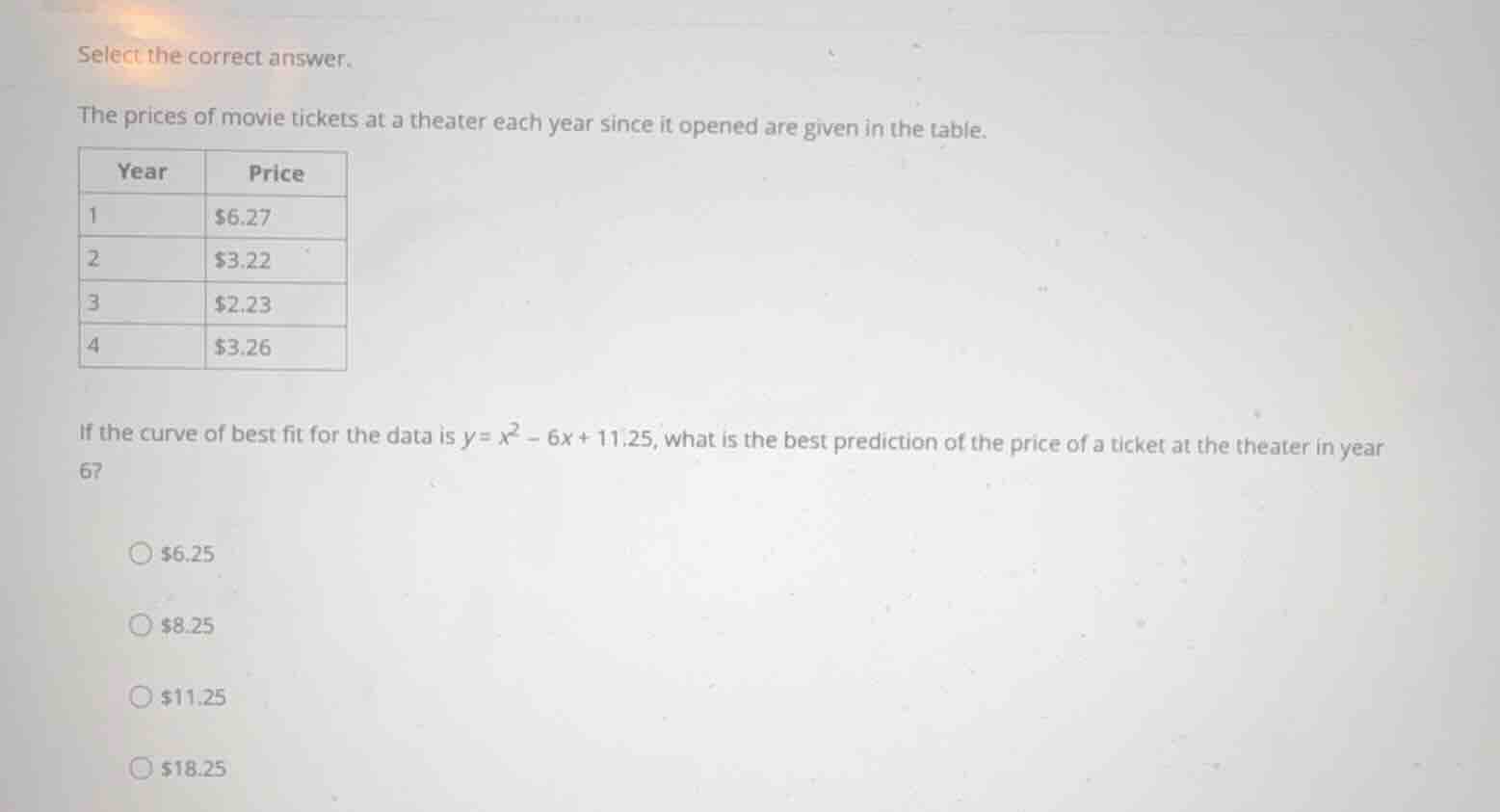 select the correct answer. the prices of movie tickets at a theater eac…