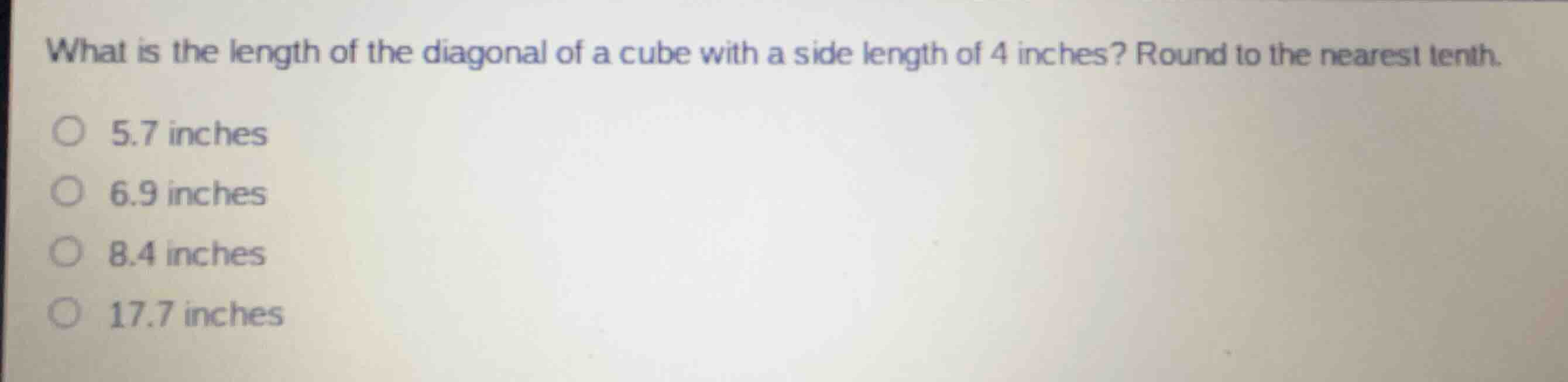 what is the length of the diagonal of a cube with a side length of 4 in…