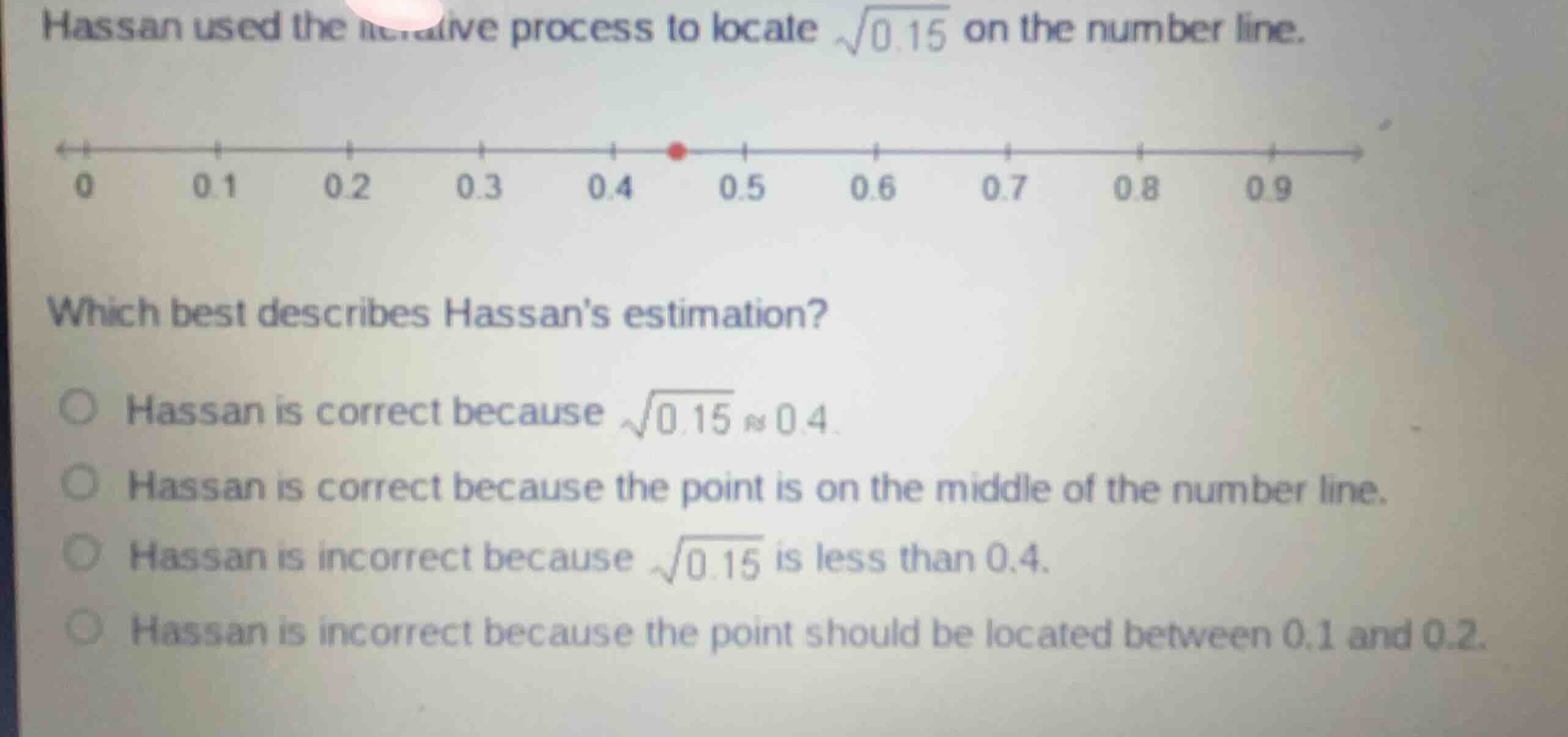 hassan used the iterative process to locate \\(\\sqrt{0.15}\\) on the n…