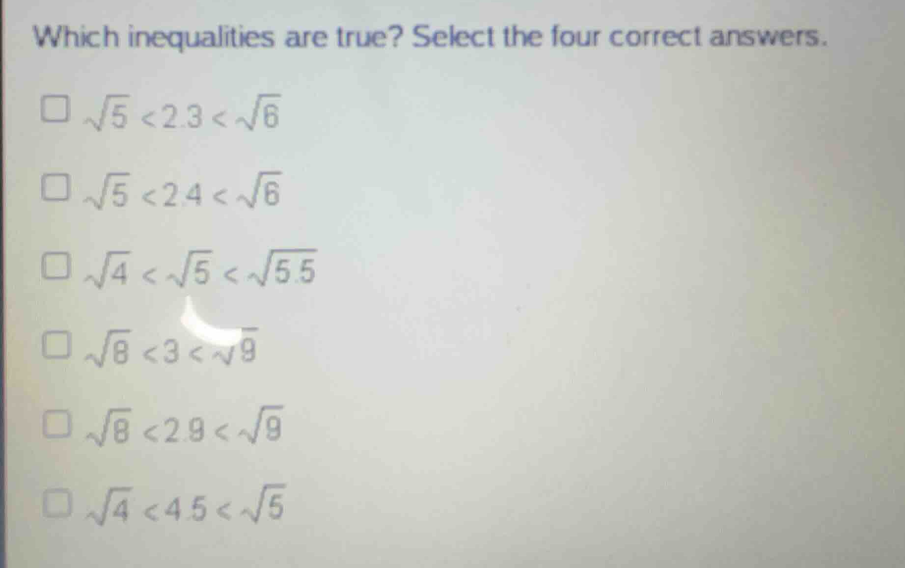 which inequalities are true? select the four correct answers. \\(\\sqrt…
