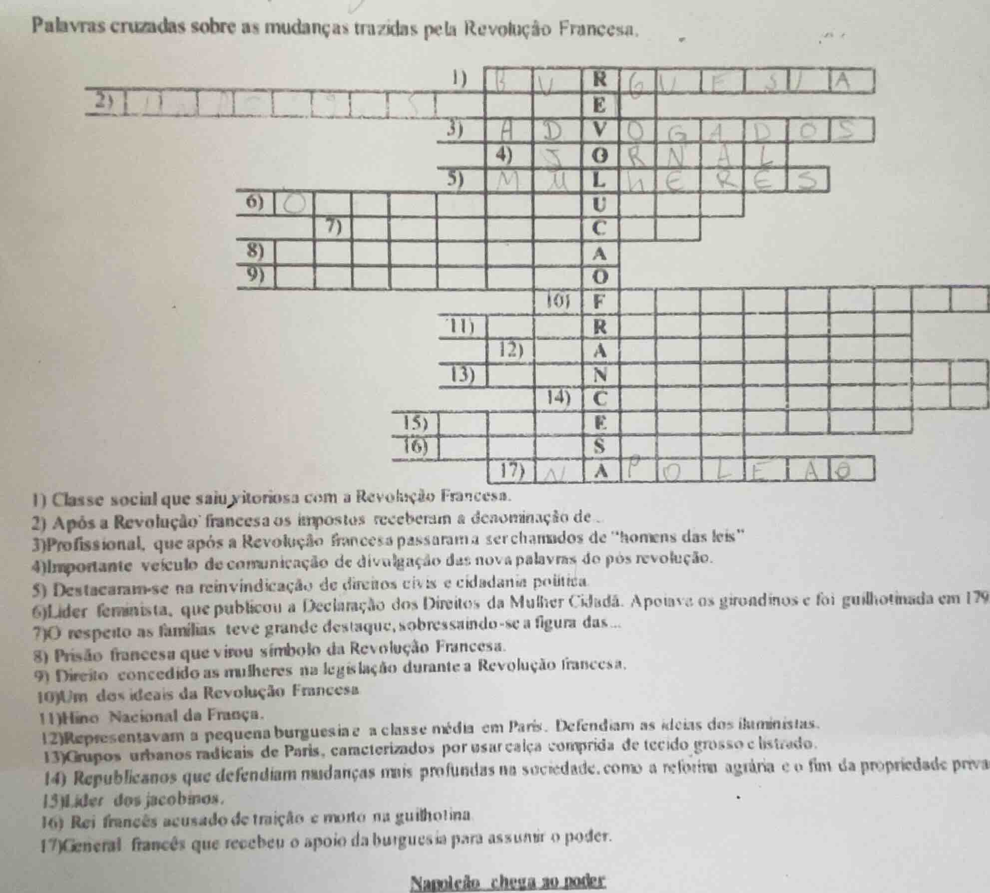 palavras cruzadas sobre as mudanças trazidas pela revolução francesa. 1…