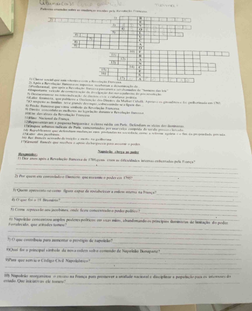 palavras cruzadas sobre as mudanças trazidas pela revolução francesa. 1…