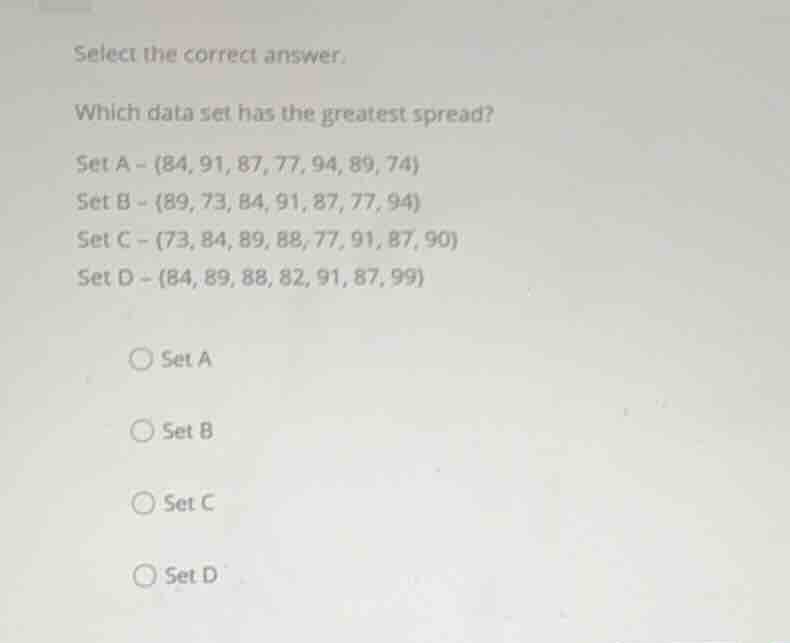 select the correct answer. which data set has the greatest spread? set …