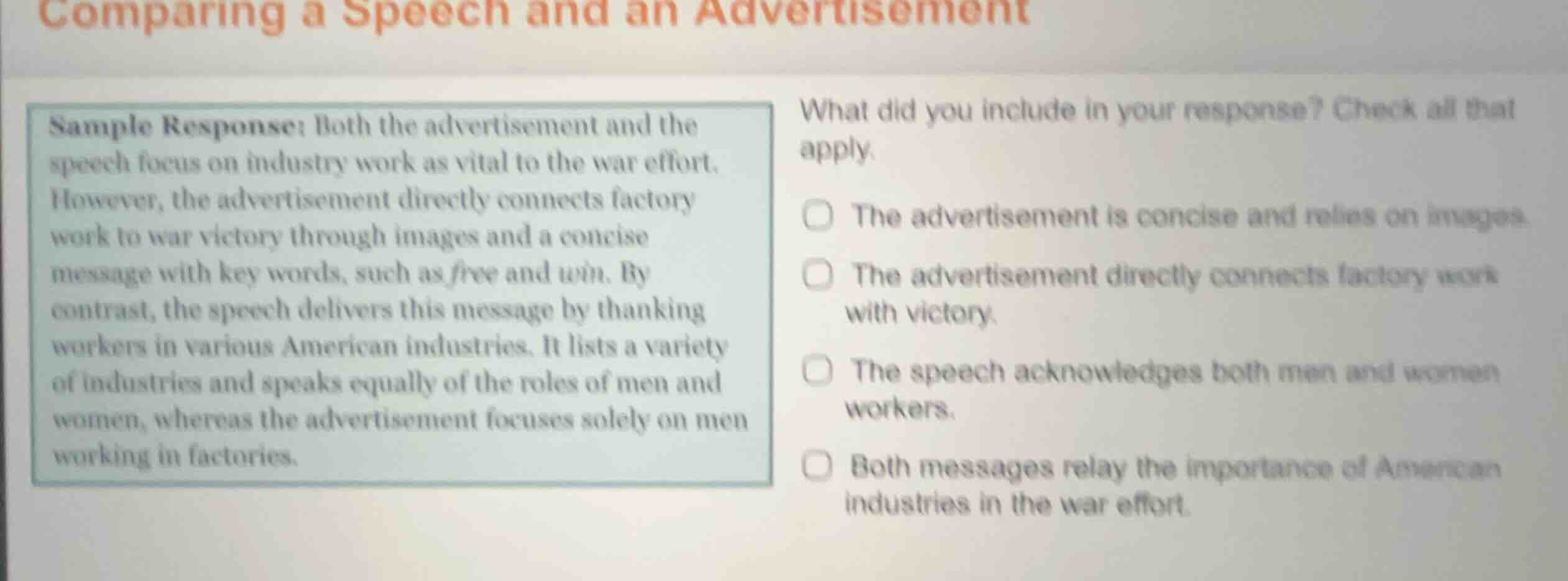 comparing a speech and an advertisement sample response: both the adver…