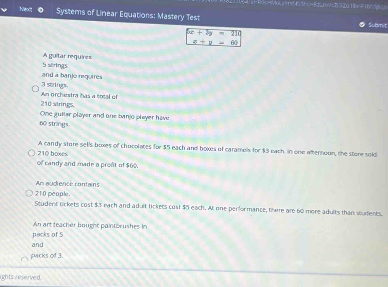 systems of linear equations: mastery test \\\\begin{cases} 5x + 3y = 21…