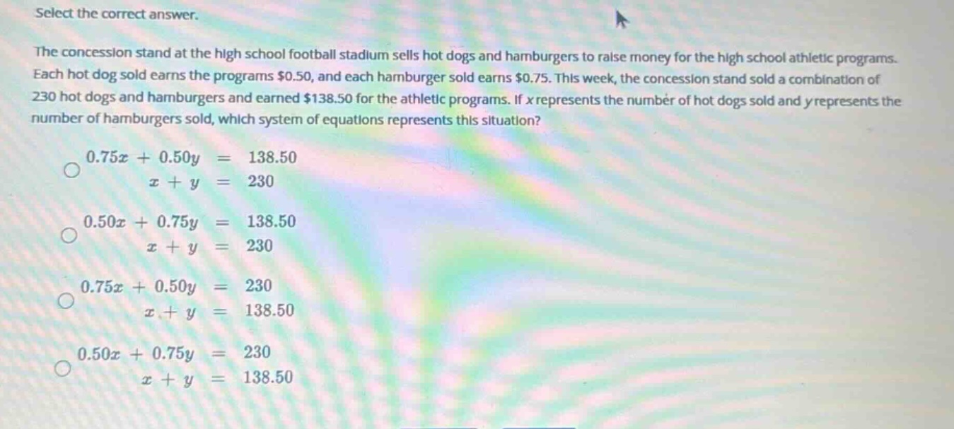 select the correct answer. the concession stand at the high school foot…