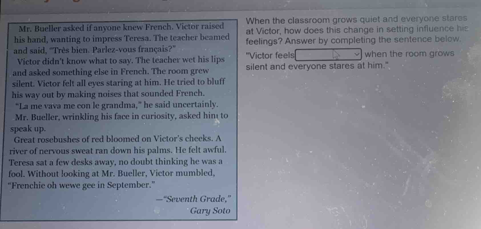 mr. bueller asked if anyone knew french. victor raised his hand, wantin…