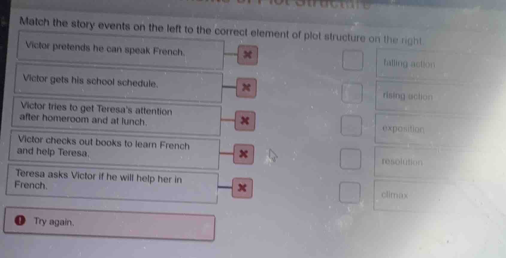 match the story events on the left to the correct element of plot struc…