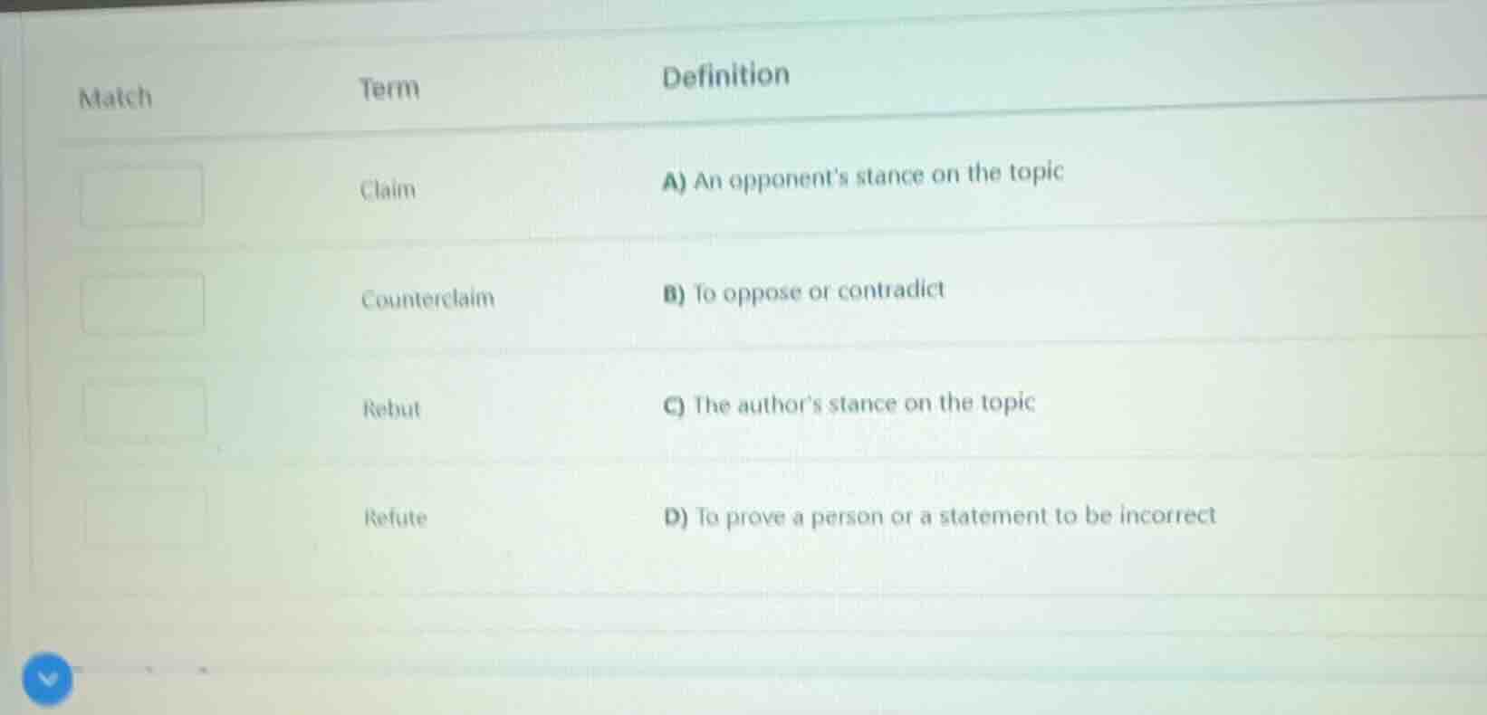 match | term | definition --- | --- | --- | claim | a) an opponents sta…