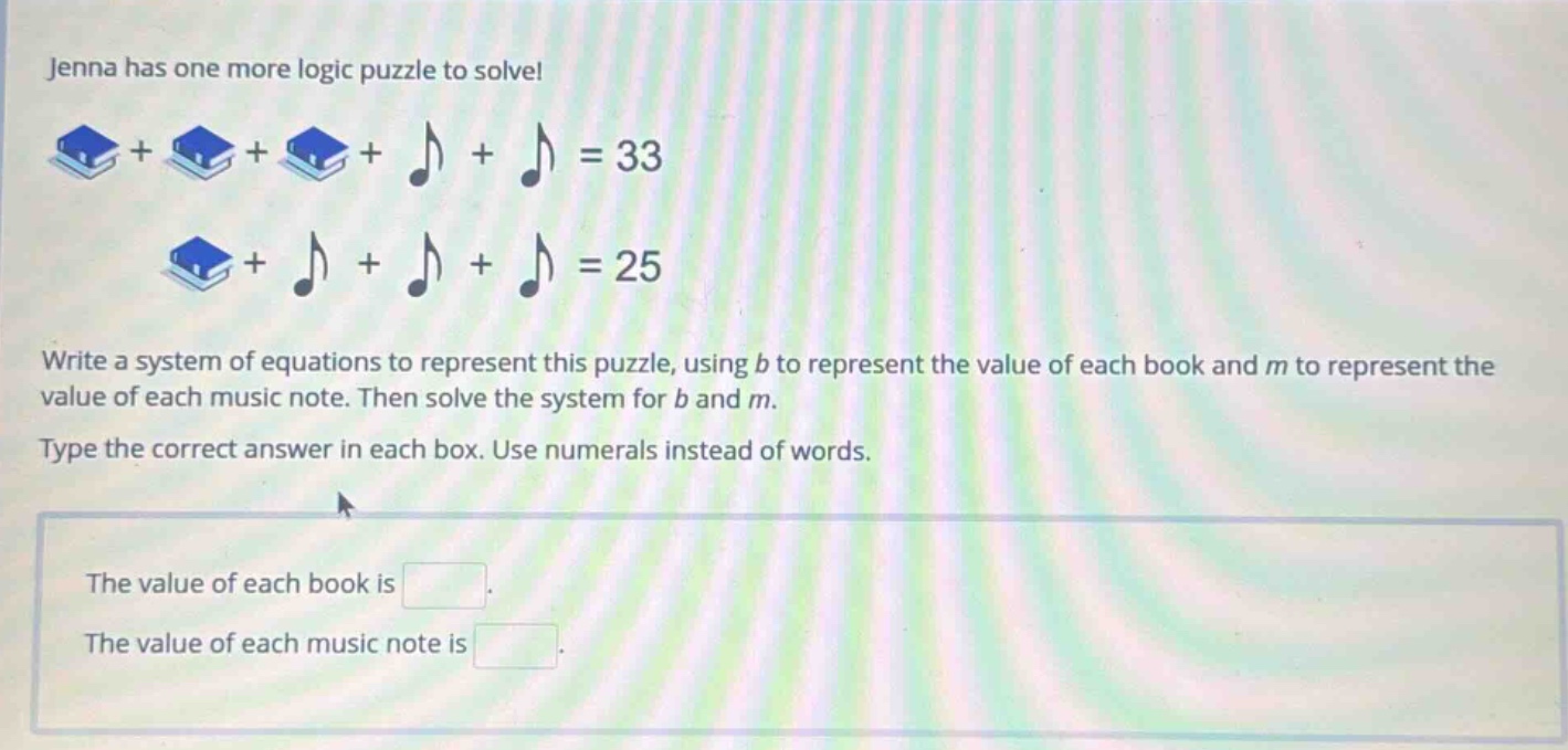 jenna has one more logic puzzle to solve! 3 \\text{ books} + 2 \\text{ …