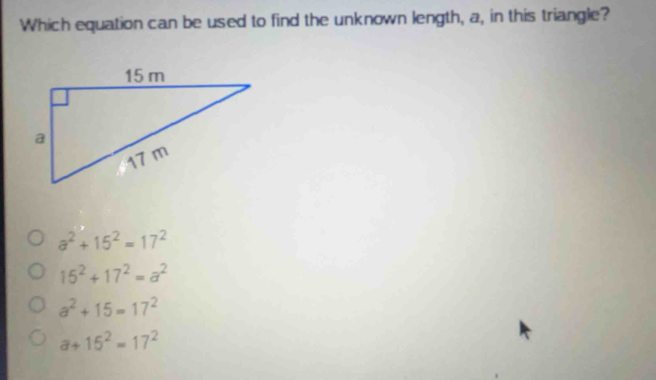 which equation can be used to find the unknown length, a, in this trian…