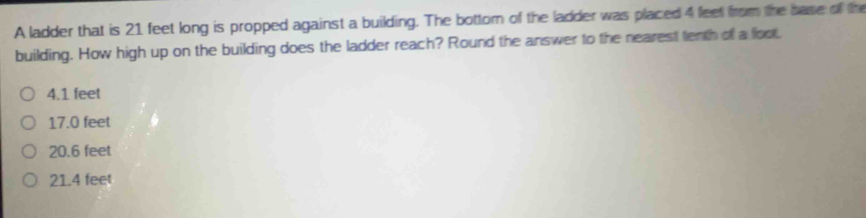 a ladder that is 21 feet long is propped against a building. the bottom…