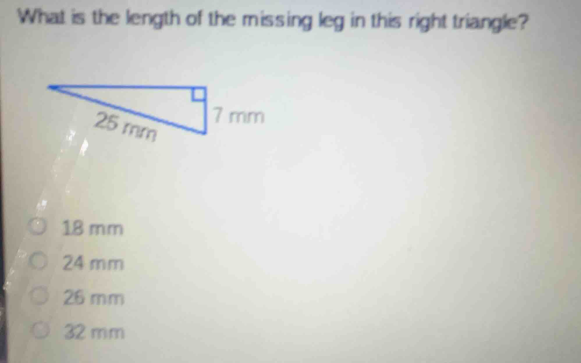 what is the length of the missing leg in this right triangle? 18 mm 24 …