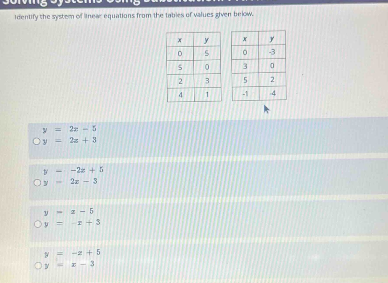 identify the system of linear equations from the tables of values given…