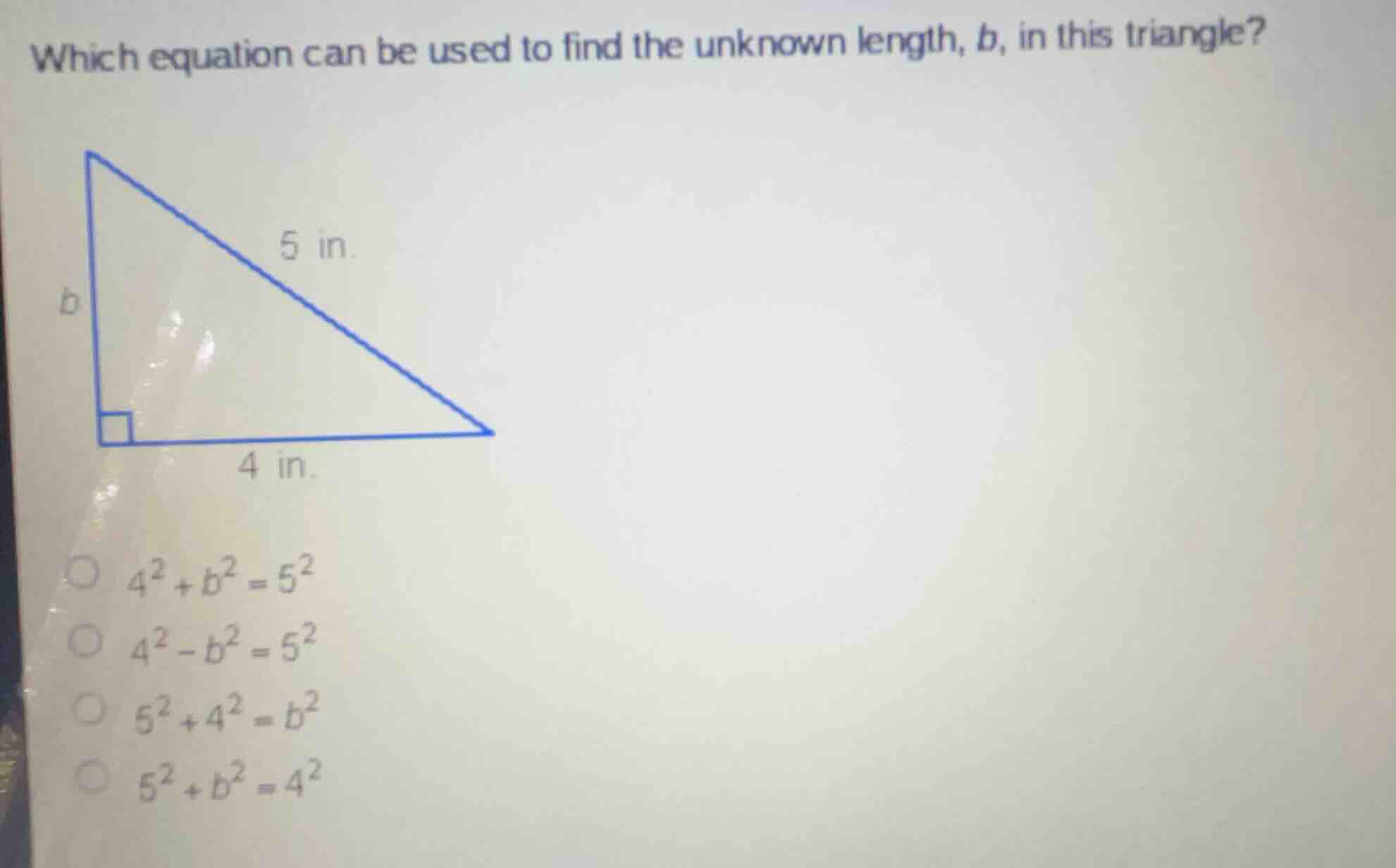 which equation can be used to find the unknown length, (b), in this tri…