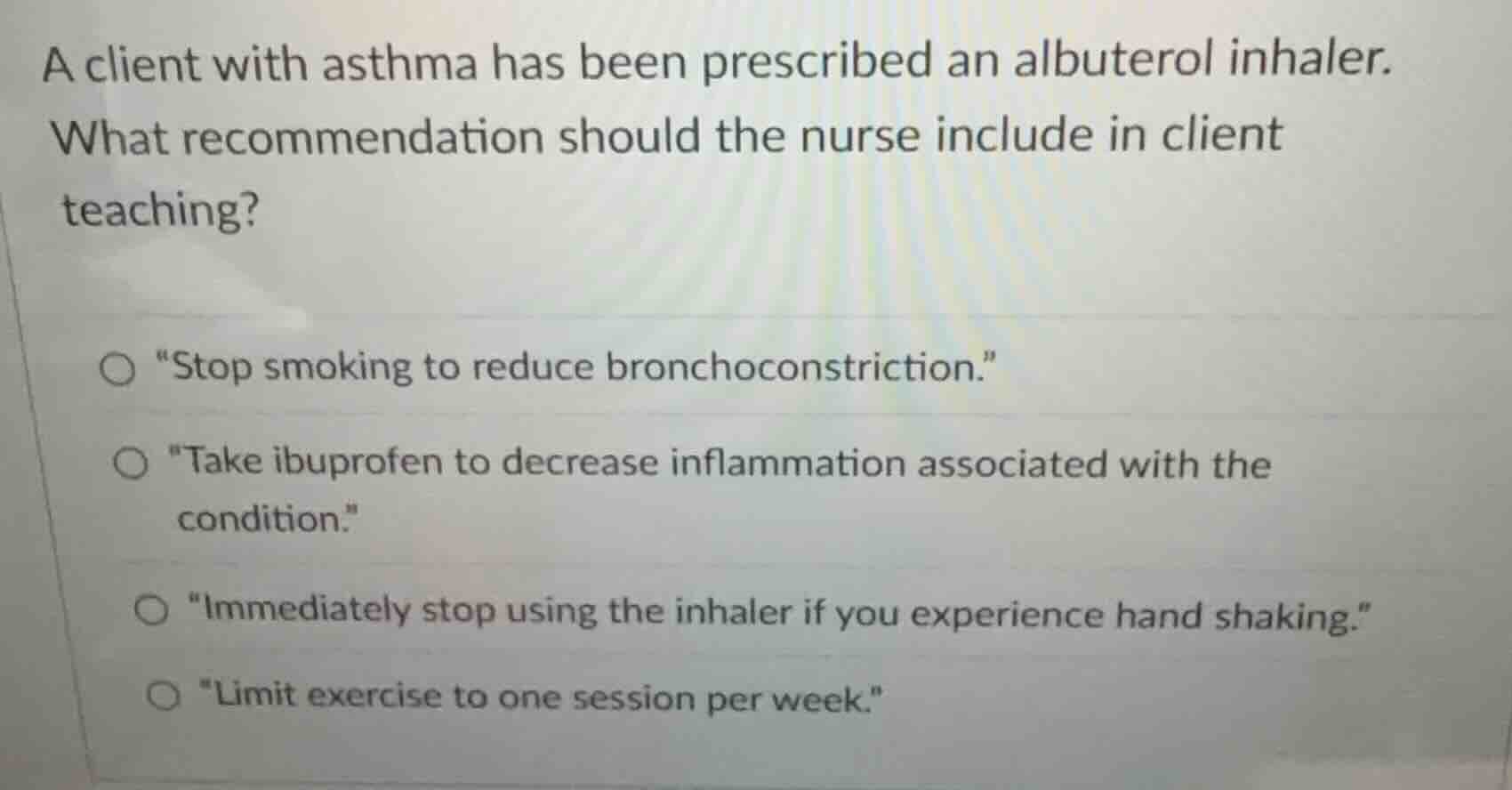 a client with asthma has been prescribed an albuterol inhaler. what rec…