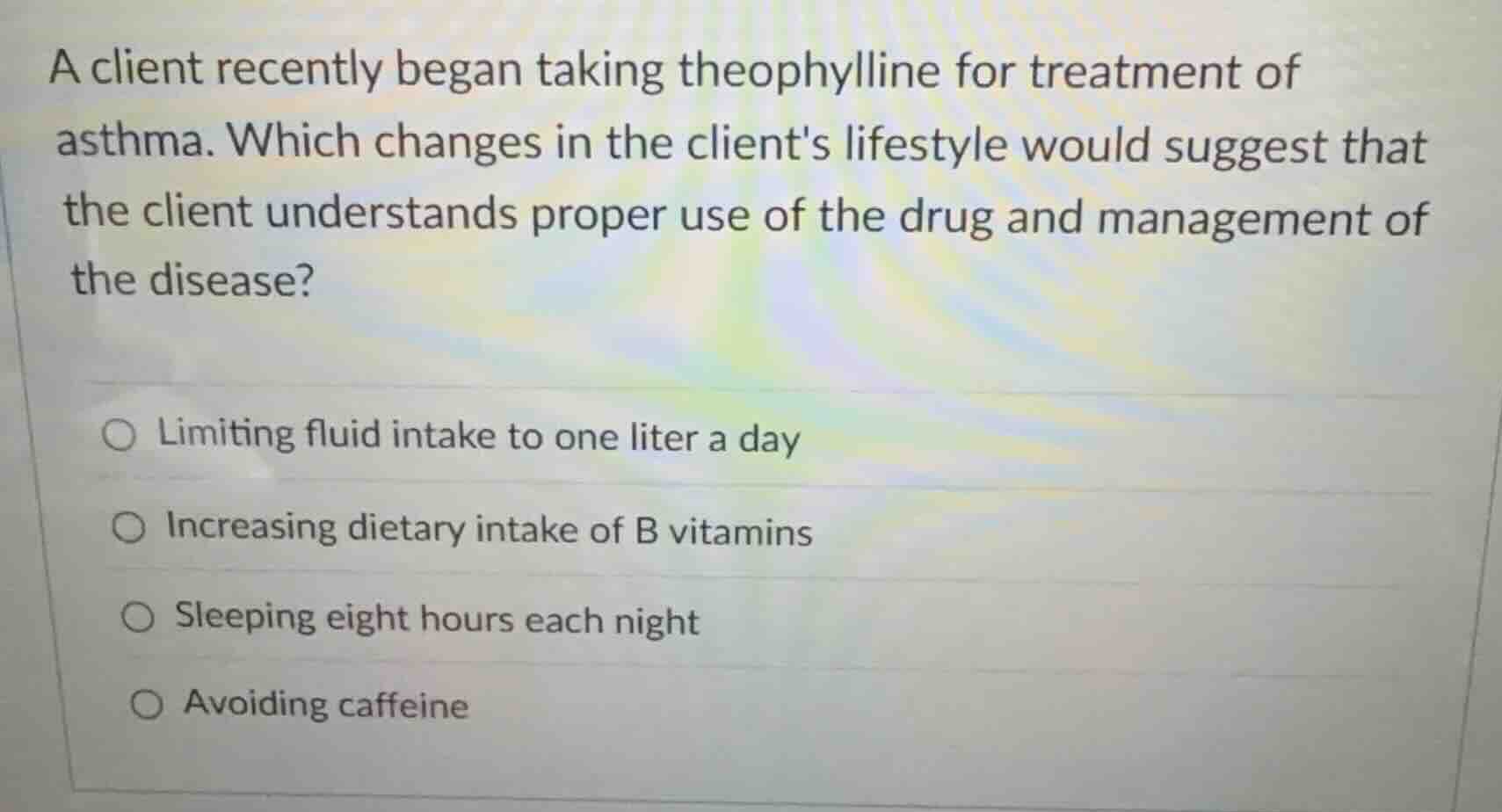 a client recently began taking theophylline for treatment of asthma. wh…