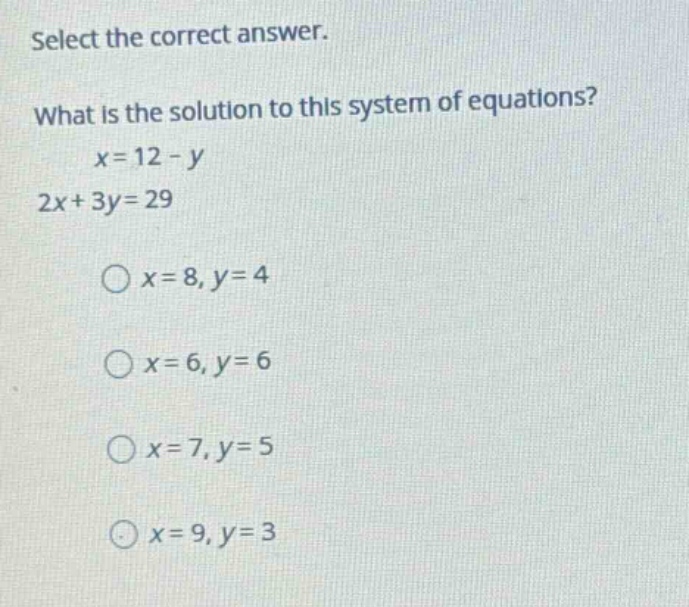 select the correct answer. what is the solution to this system of equat…