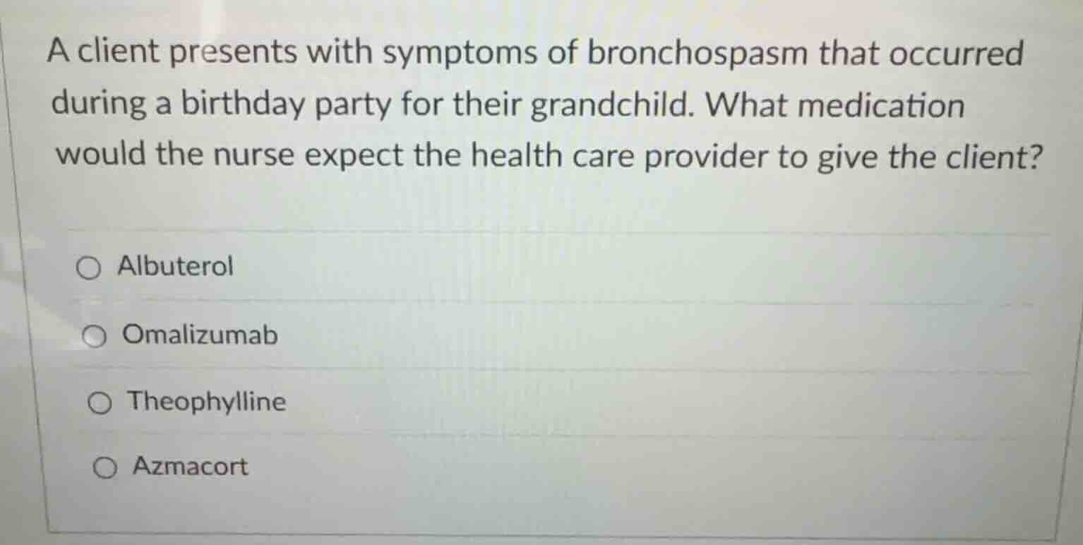 a client presents with symptoms of bronchospasm that occurred during a …