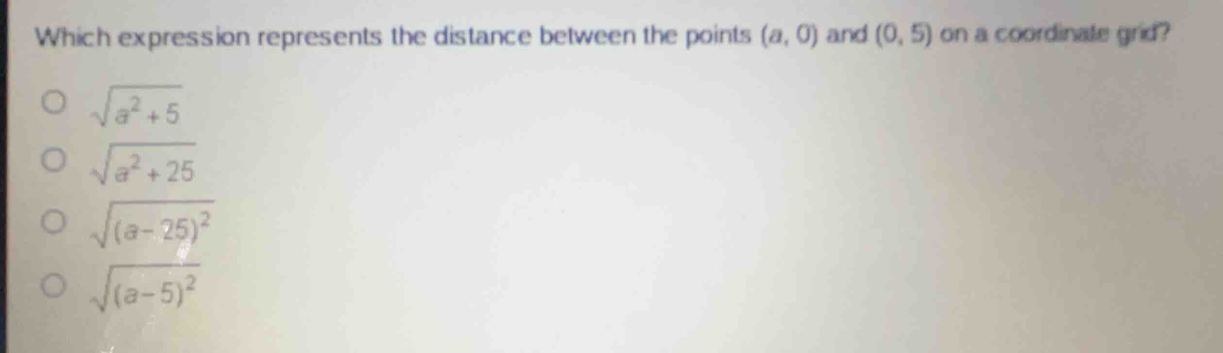 which expression represents the distance between the points \\((a, 0)\\…