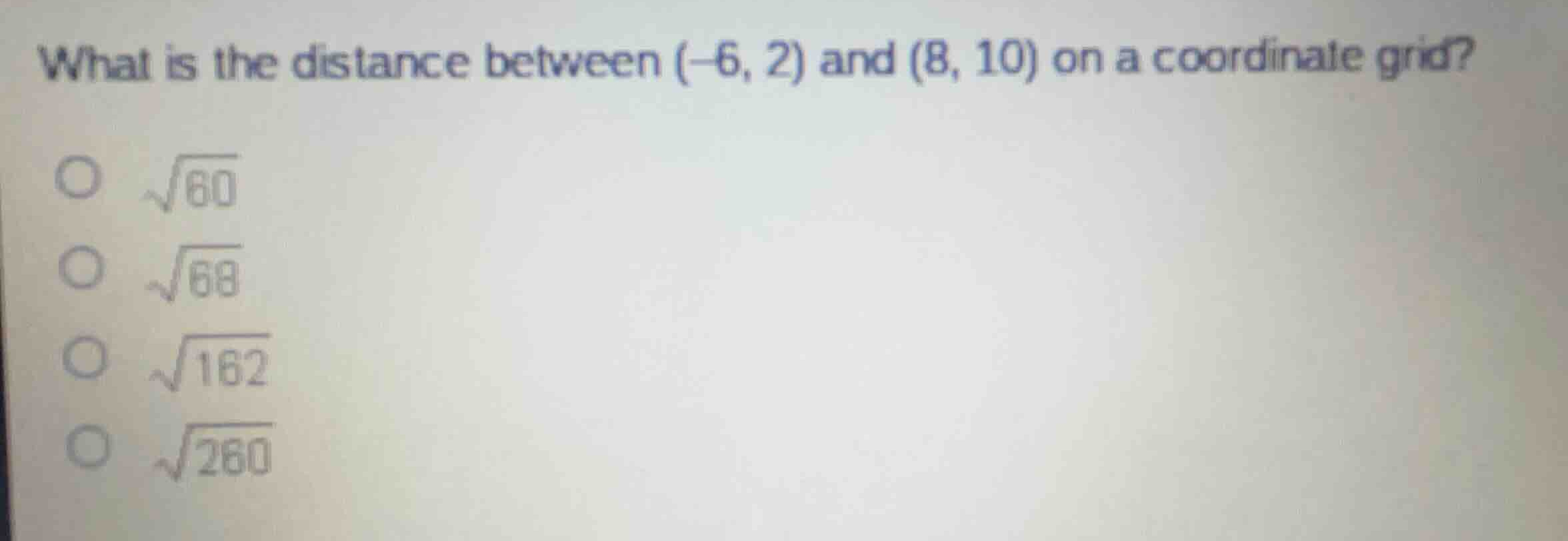 what is the distance between \\((-6, 2)\\) and \\((8, 10)\\) on a coord…