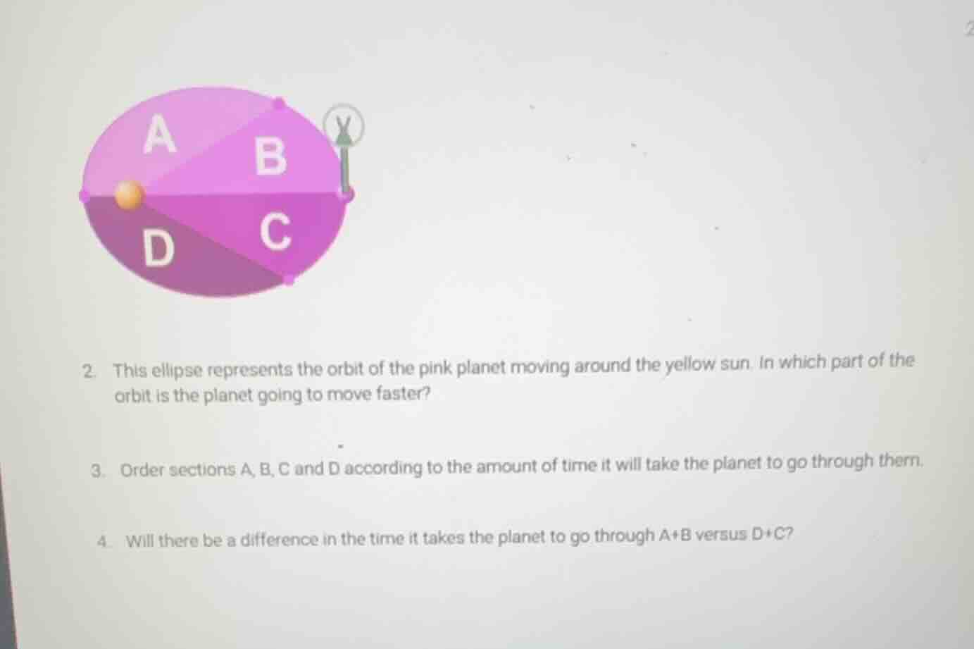 2. this ellipse represents the orbit of the pink planet moving around t…