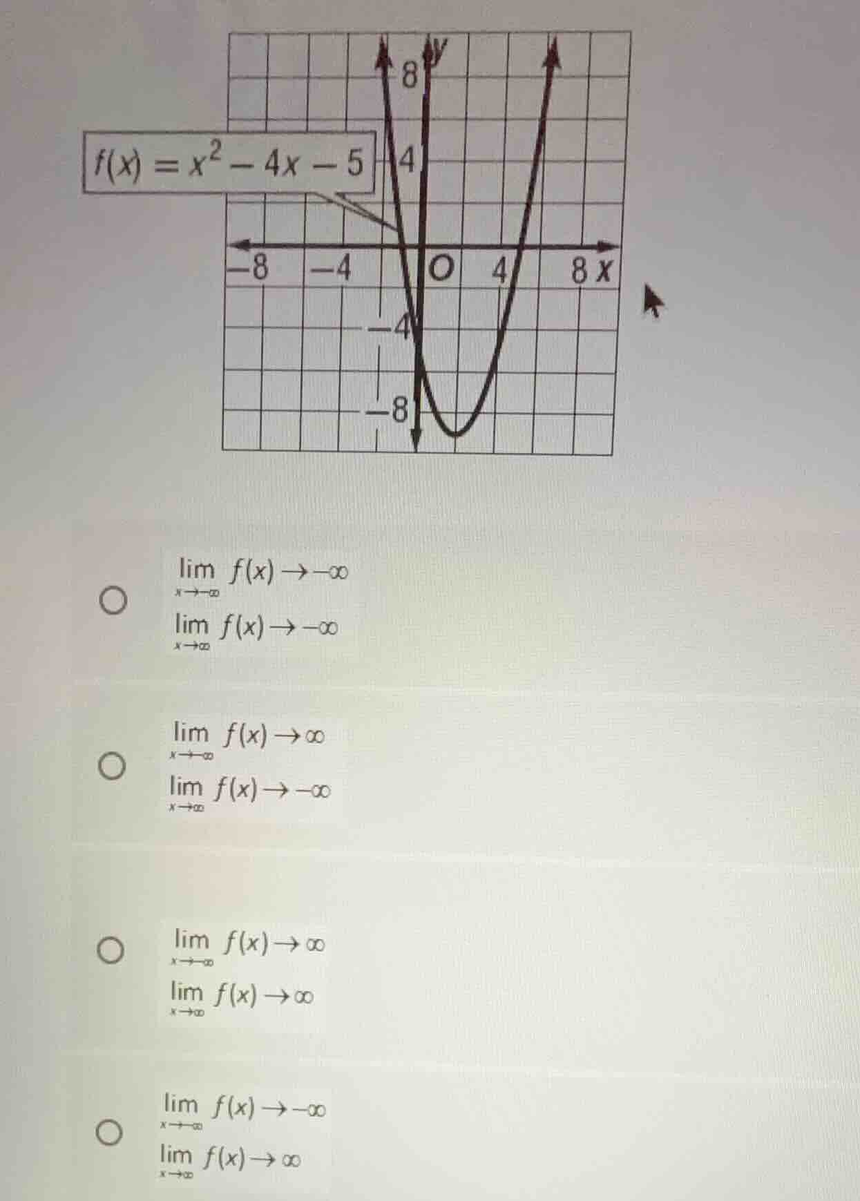 f(x) = x^2 - 4x - 5 \\begin{aligned} &\\lim_{x \\to -\\infty} f(x) \\to…