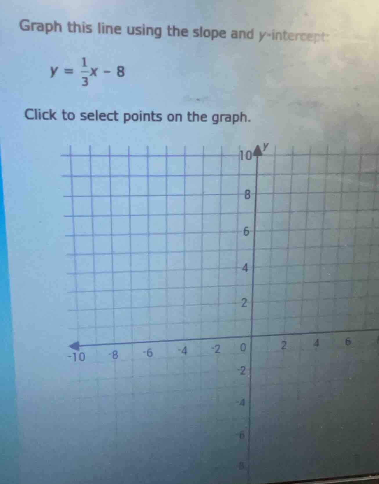 graph this line using the slope and y-intercept: \\y = \\frac{1}{3}x - …