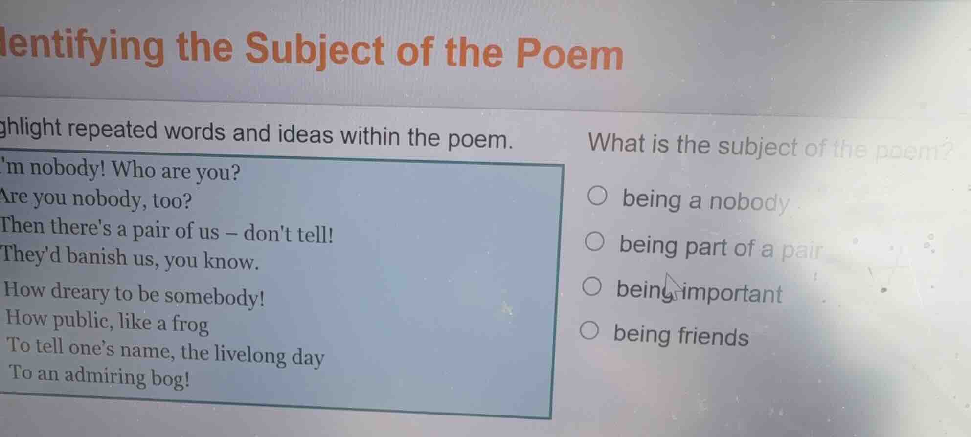 identifying the subject of the poem highlight repeated words and ideas …