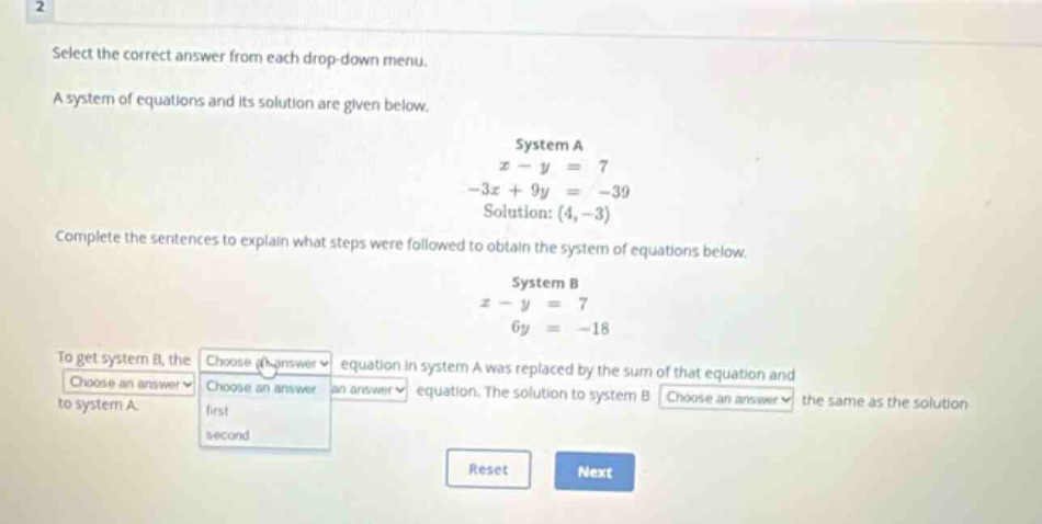 select the correct answer from each drop-down menu. a system of equatio…