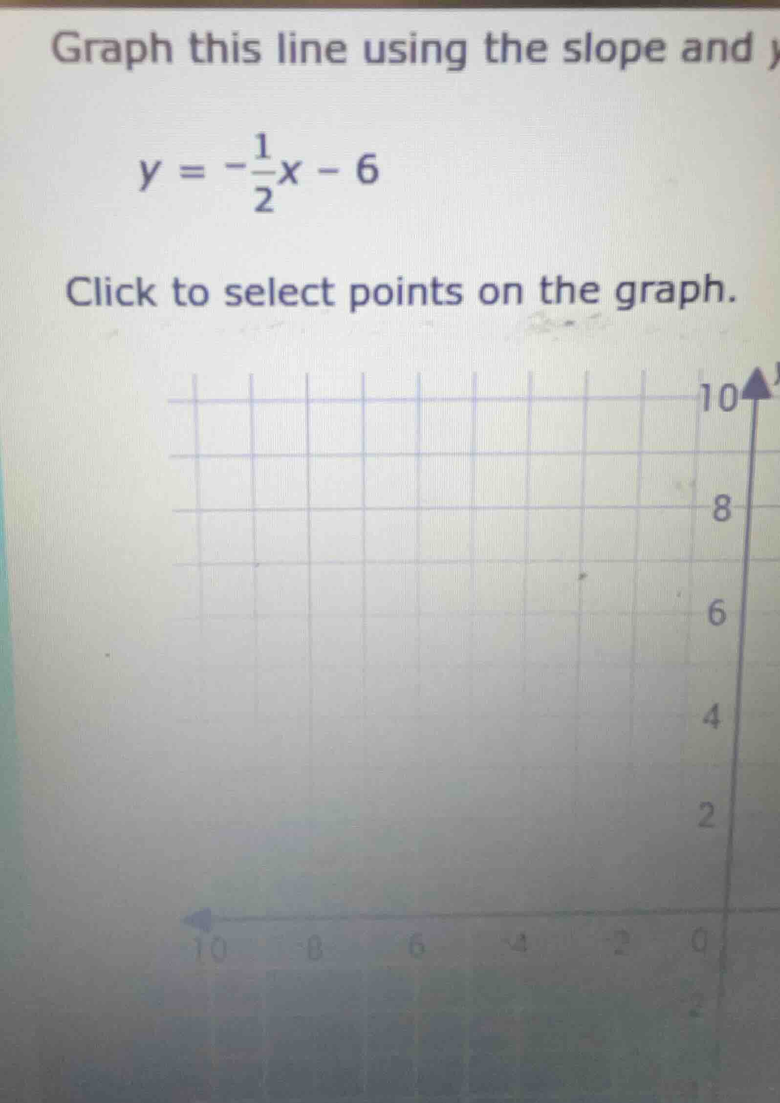 graph this line using the slope and y-intercept. \\y = -\\frac{1}{2}x -…