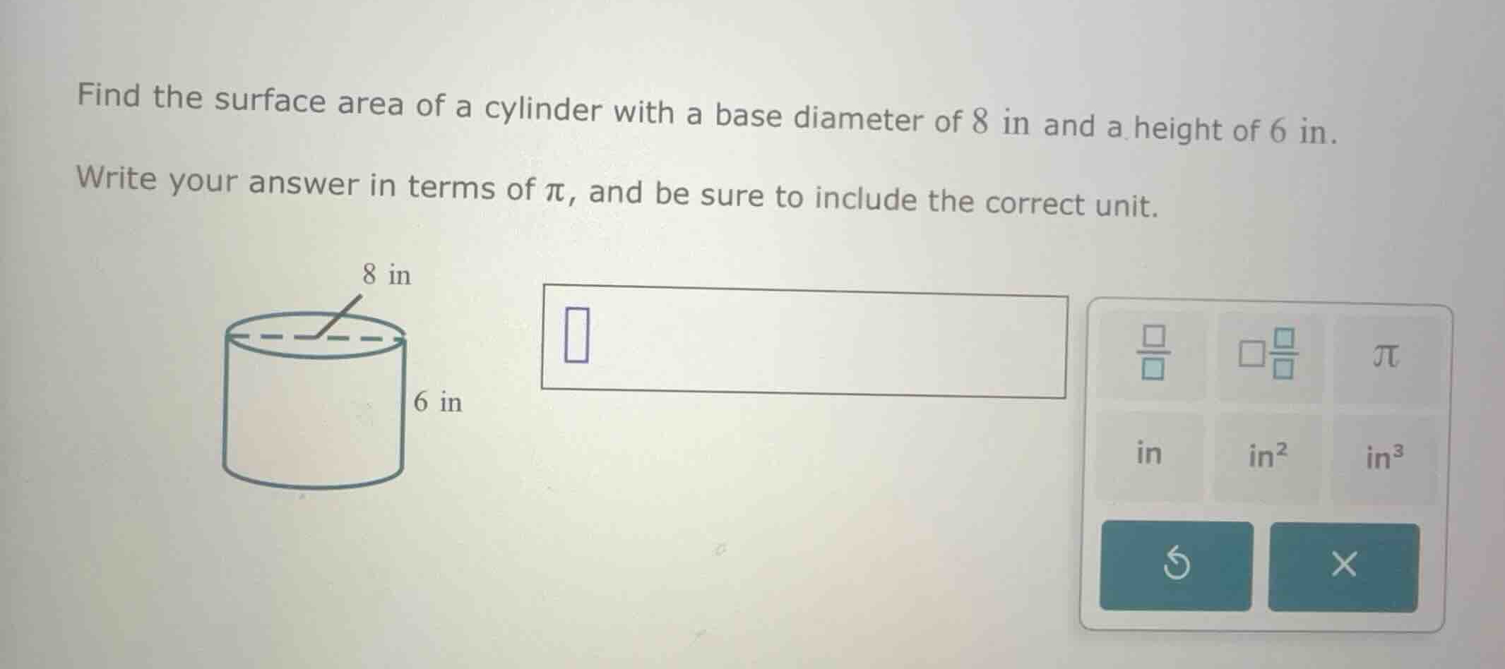 find the surface area of a cylinder with a base diameter of 8 in and a …