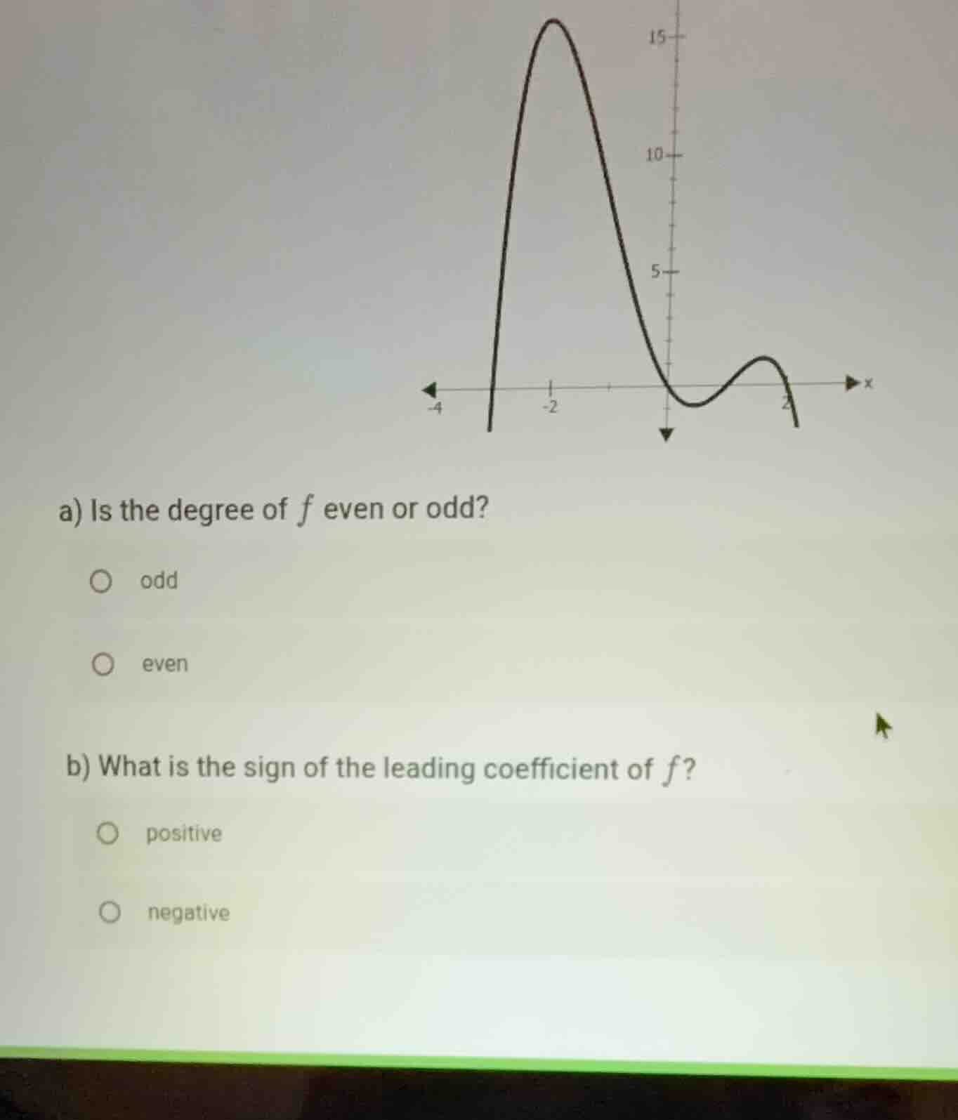 a) is the degree of (f) even or odd? - odd - even b) what is the sign o…