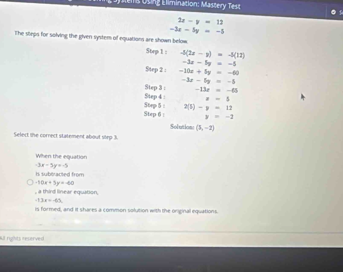 solving systems using elimination: mastery test \\ \\begin{aligned} 2x …