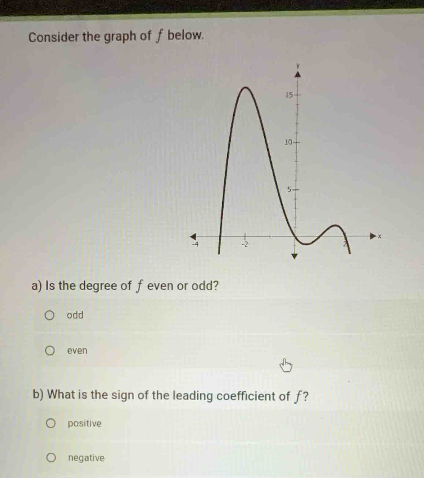 consider the graph of \\(f\\) below. a) is the degree of \\(f\\) even o…