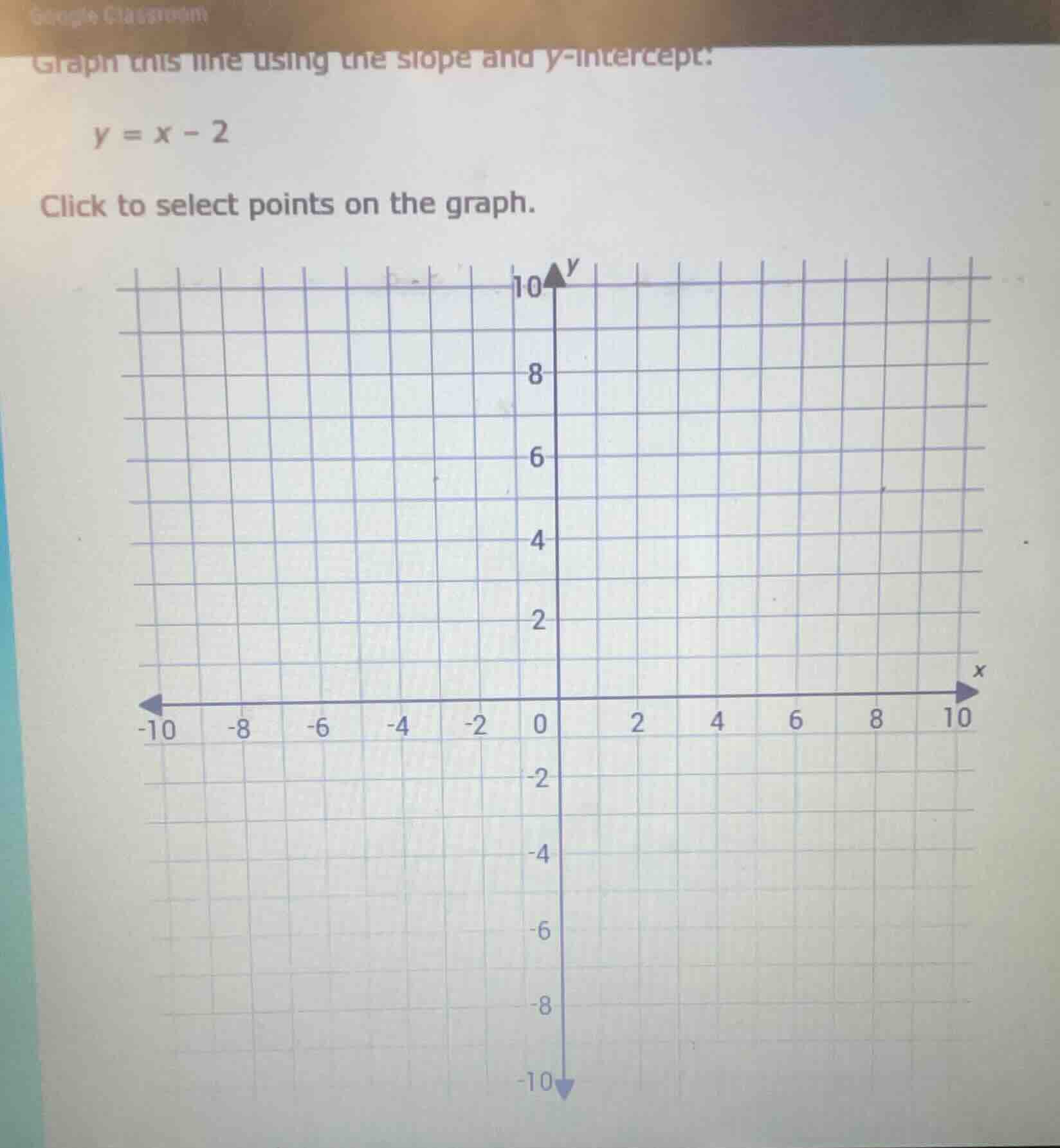graph this line using the slope and y-intercept: \\y = x - 2\\ click to…