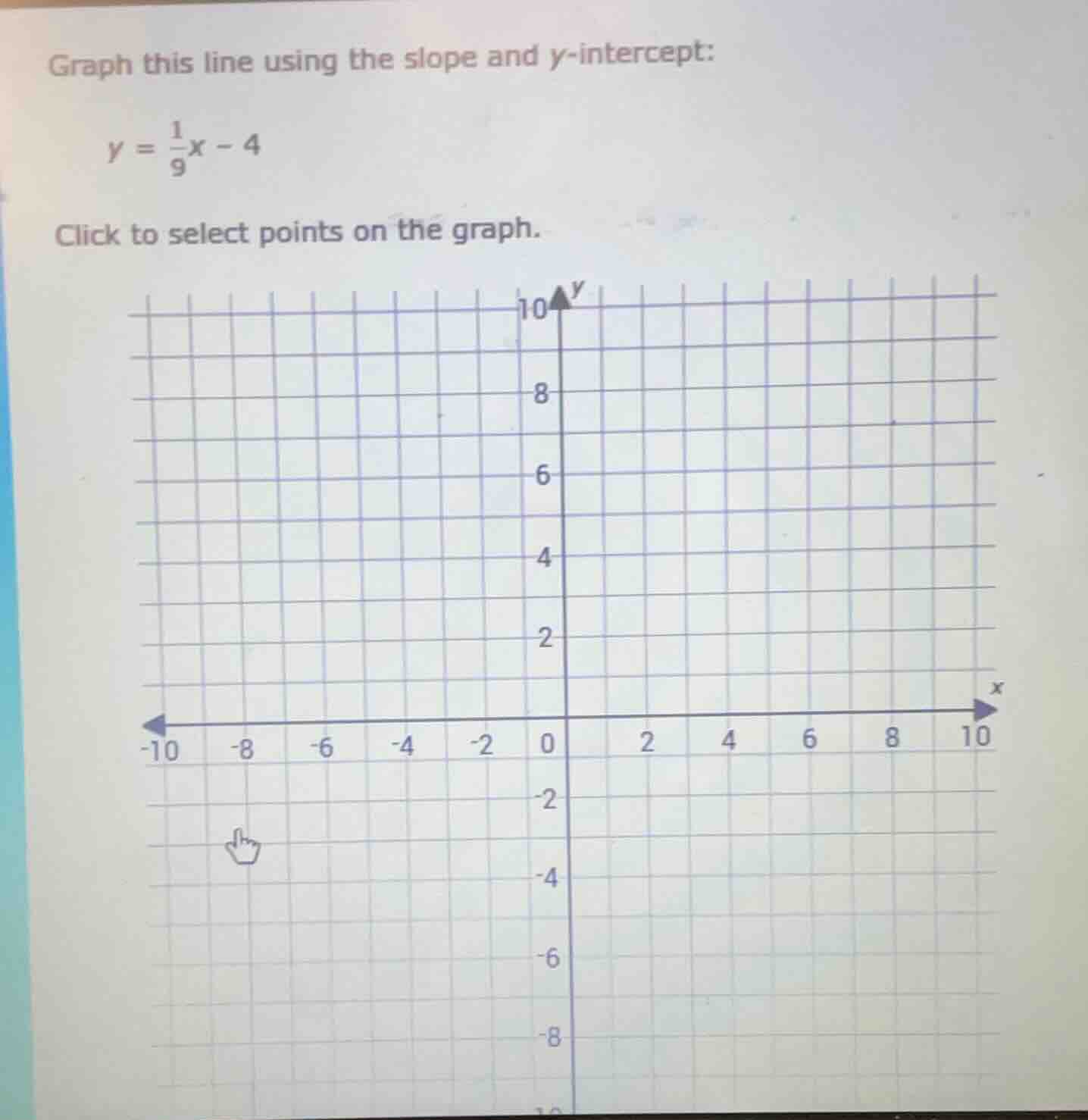 graph this line using the slope and y-intercept: \\y = \\frac{1}{9}x - …