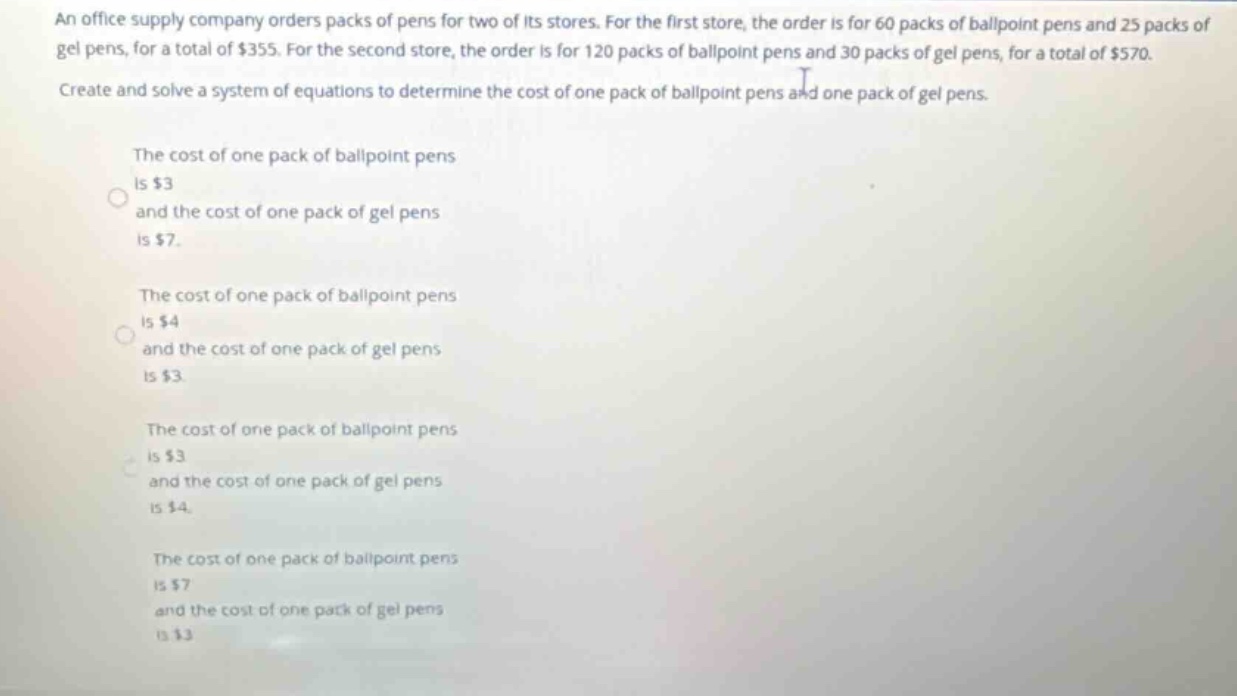 an office supply company orders packs of pens for two of its stores. fo…