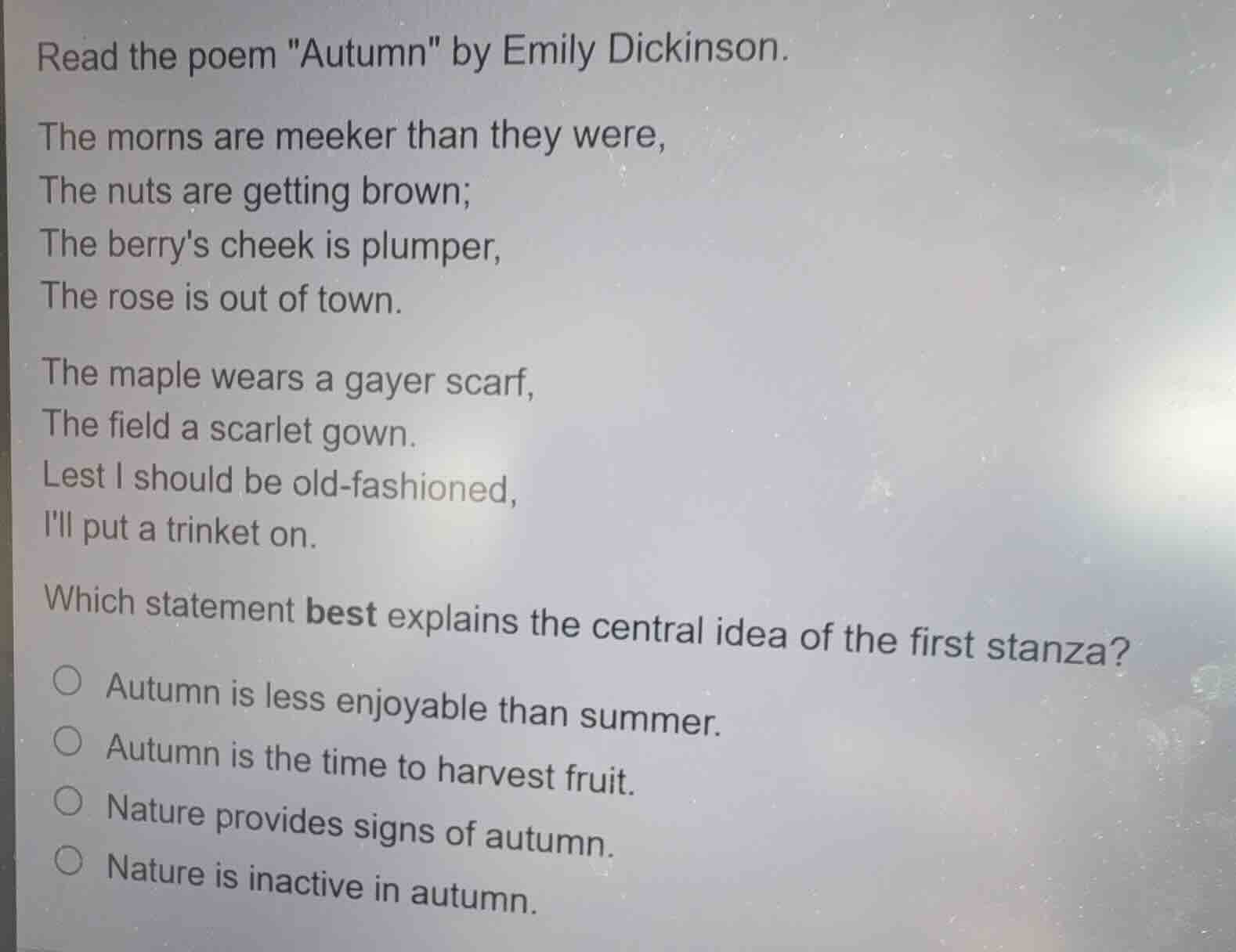 read the poem \autumn\ by emily dickinson. the morns are meeker than th…