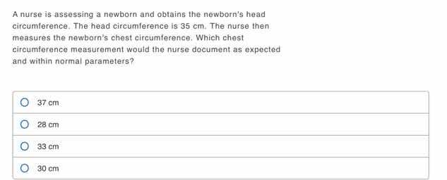 a nurse is assessing a newborn and obtains the newborns head circumfere…
