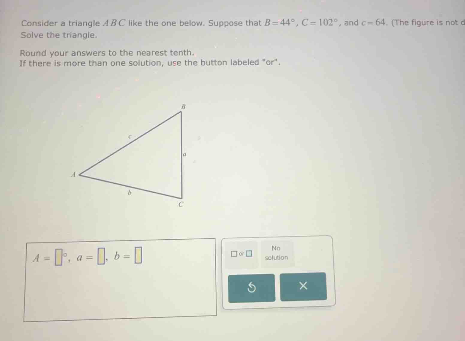 consider a triangle (abc) like the one below. suppose that (b = 44^circ…